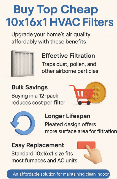 Buy Top Cheap 10x16x1 HVAC Filter | Bulk 12 Pack Pleated Home Furnace AC 2 Vertical infographic explaining the benefits of buying a top affordable 10x16x1 HVAC filter in a 12-pack, featuring 3D icons and clean text sections on effective filtration, bulk savings, longer lifespan, easy replacement, and a visual takeaway promoting clean indoor air.