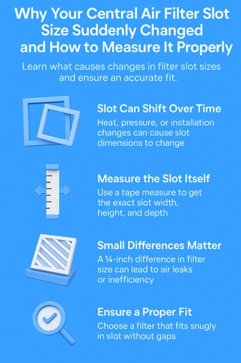Why Your Central Air Filter Slot Size Suddenly Changed and How to Measure It Properly 2 Vertical blue infographic titled ‘Why Your Central Air Filter Slot Size Suddenly Changed and How to Measure It Properly,’ featuring 3D icons of frames, ruler, air filter, and magnifying glass with short tips on slot shifting, measuring correctly, small size differences, and ensuring a proper fit.
