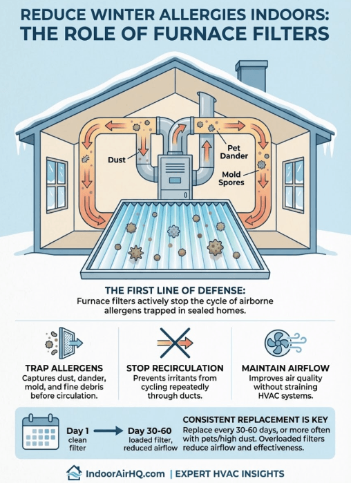 How Furnace Filters Help Reduce Winter Allergy Symptoms Indoors 2 Infographic showing how furnace filters help reduce winter allergy symptoms indoors by capturing allergens, filtering airborne particles, and improving indoor breathing comfort