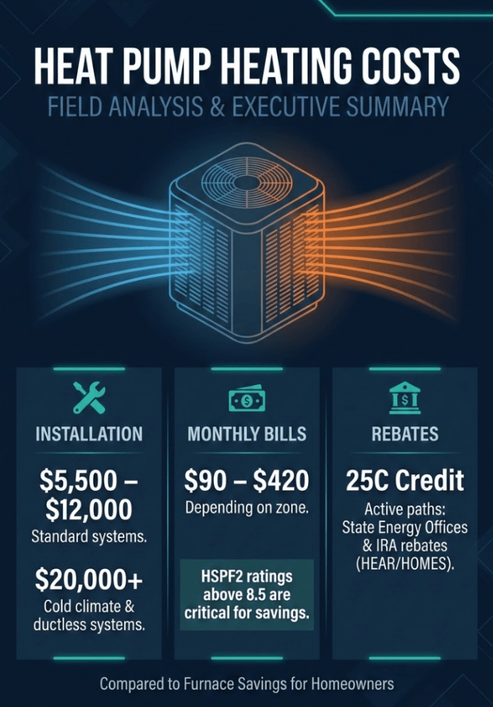 Heat Pump Heating Cost: Installation, Operating Bills, and Furnace Savings Compared 2 Infographic of Heat Pump Heating Cost: Installation, Operating Bills, and Furnace Savings Compared